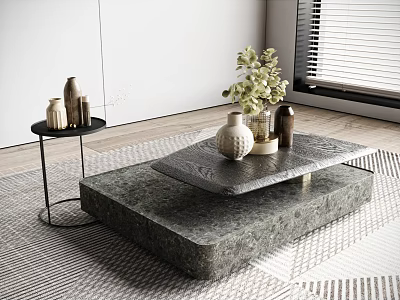 Modern Stone Coffee Table With Vases Green Plants On Patterned Rug In Living Room Interior 3d model