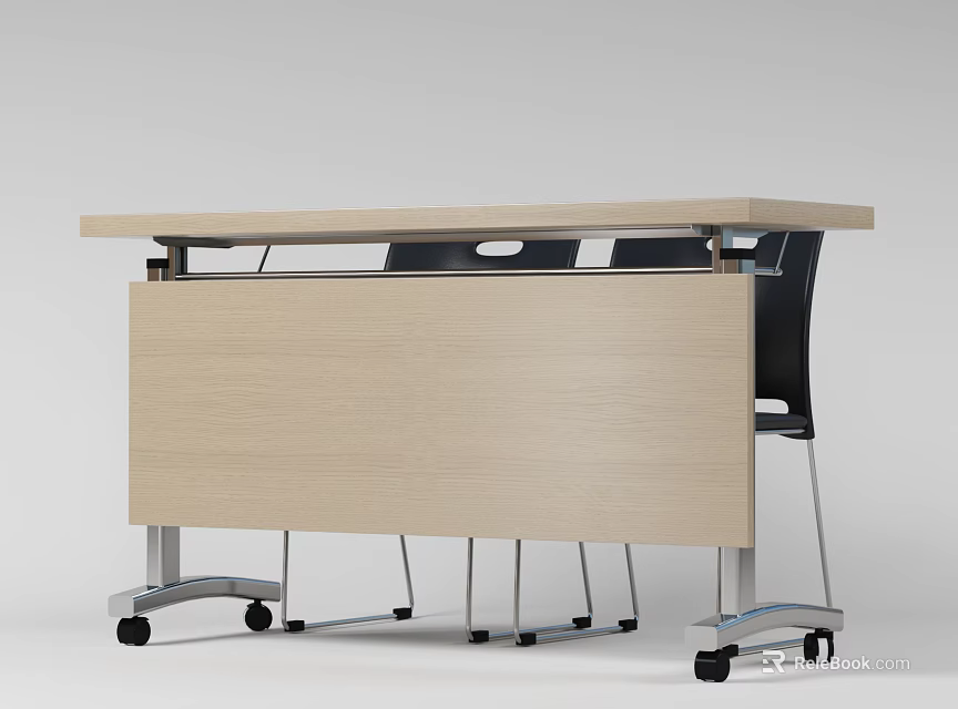 Modern Light Wood Conference Table With Black Chairs On Wheels Design 3d model 