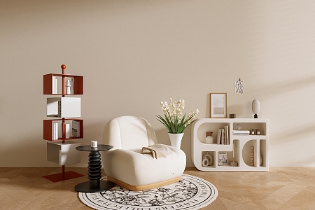 French Cream Style Single Person Sofa Cream Casual Chair Cream Decorative Cabinet Cream Side Cabinet Hanging Painting Geometric Bookshelf Cream Side Tables 3d model