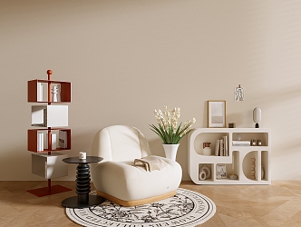 French Cream Style Single Person Sofa Cream Casual Chair Cream Decorative Cabinet Cream Side Cabinet Hanging Painting Geometric Bookshelf Cream Side Tables 3d model