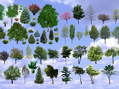 Various Types of Arbor Trees with Green Red Foliage and Blue Sky Background 3d model
