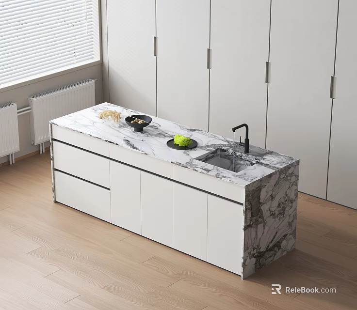 Modern Kitchen Island With Marble Countertop White Cabinets Sink Faucet Fresh Fruits And Bowl 3d model 