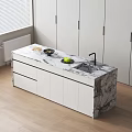 Modern Kitchen Island With Marble Countertop White Cabinets Sink Faucet Fresh Fruits And Bowl