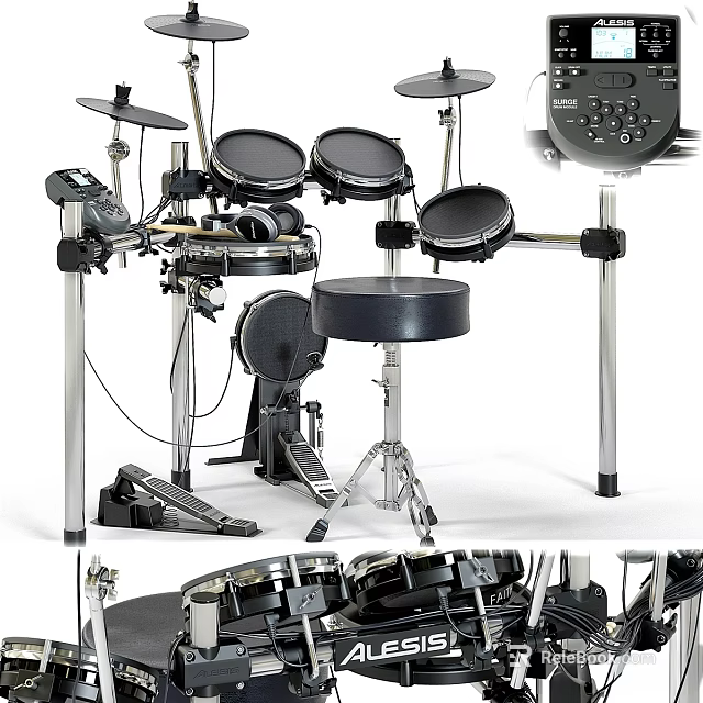 Electronic Drum Set With Multiple Pads Pedal System And Adjustable Stool 3d model