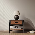 Modern Side Table With Wooden Top Metal Frame Drawer And Table Lamp