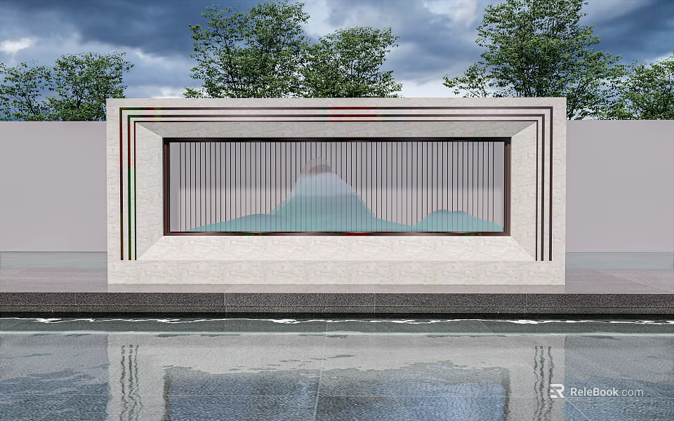 Modern Scenic Wall With Mountain Landscape Pattern Vertical Stripes Stone Frame And Water Reflection 3d model 