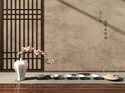 Traditional Chinese Tea Set with Wooden Grid Screen Gray Wall White Vase and Pink Flowers 3d model