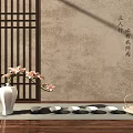 Traditional Chinese Tea Set with Wooden Grid Screen Gray Wall White Vase and Pink Flowers