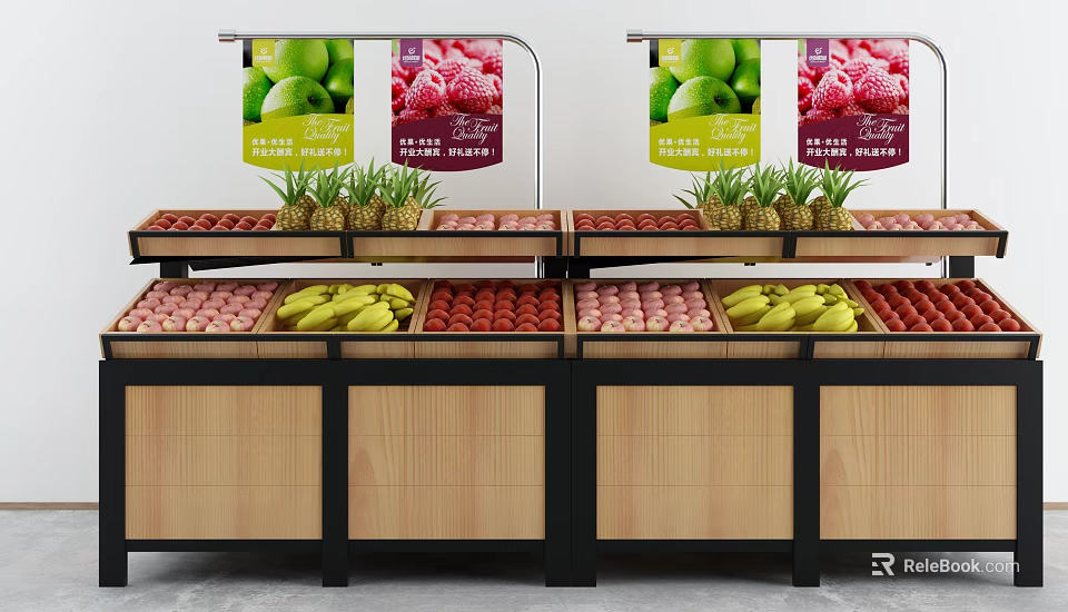 Wooden Fruit Display Shelves With Fresh Fruits Arrangement And Colorful Banners In Store 3d model 