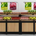 Wooden Fruit Display Shelves With Fresh Fruits Arrangement And Colorful Banners In Store