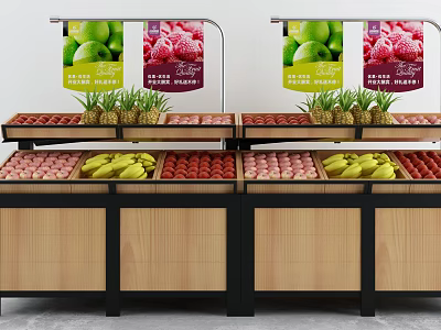 Wooden Fruit Display Shelves With Fresh Fruits Arrangement And Colorful Banners In Store 3d model