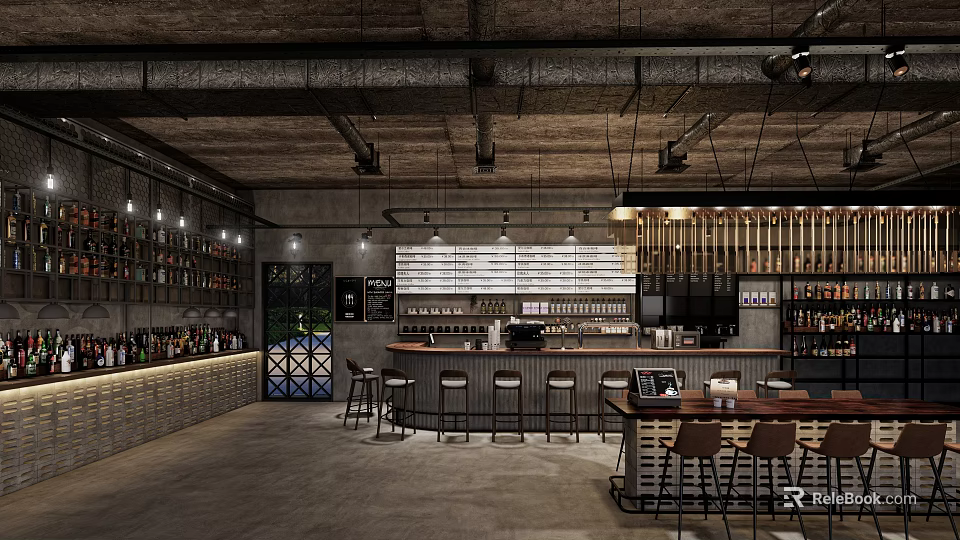 Modern Bar Interior Design With Counter Stools Bottle Shelves And Hanging Lights 3d model