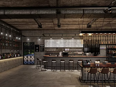 Modern Bar Interior Design With Counter Stools Bottle Shelves And Hanging Lights 3d model