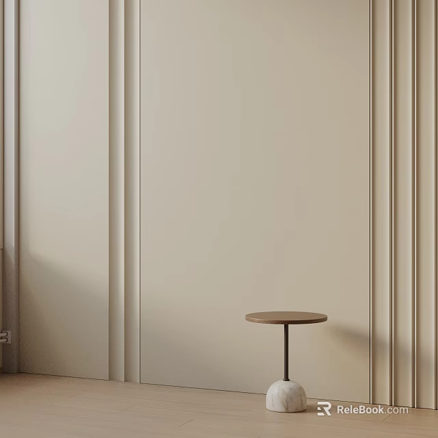 Stylish Living Room Side Table By Beige Wall With Round Wooden Top And Slim Base 3d model 