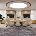Modern Conference Room With Round Table Swivel Chairs Dual Screens Large Window And Indoor Plant