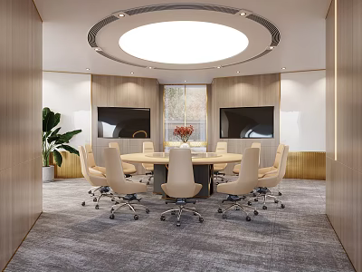 Modern Conference Room With Round Table Swivel Chairs Dual Screens Large Window And Indoor Plant 3d model