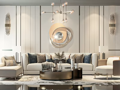 Modern Living Room Interior With Sofa Coffee Table Set Decorative Cushions And Round Mirror 3d model