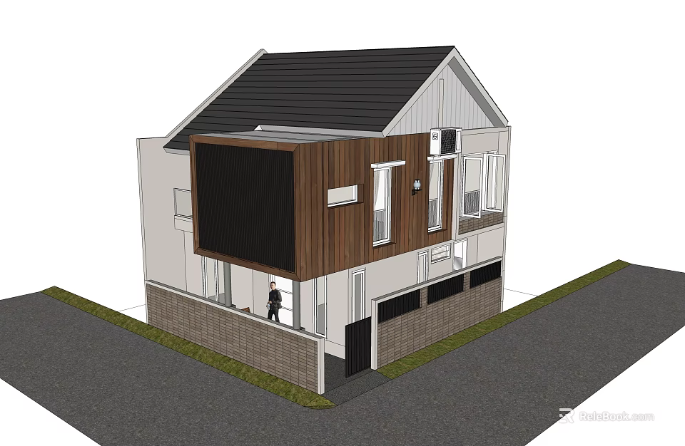 Modern Detached House Exterior With Black Roof Wooden Panels White Walls And Garage 3d model 