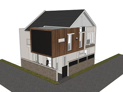 Modern Detached House Exterior With Black Roof Wooden Panels White Walls And Garage 3d model