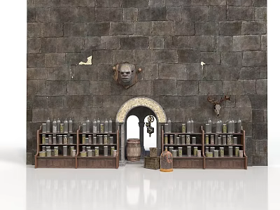 Medieval Stone Wall Interior With Arched Doorway Wooden Shelves Bottles Barrel And Decorative Heads 3d model