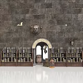 Medieval Stone Wall Interior With Arched Doorway Wooden Shelves Bottles Barrel And Decorative Heads