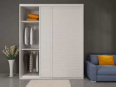 White Sliding Door Wardrobe in Living Room with Hanging Clothes and Orange Pillows 3d model