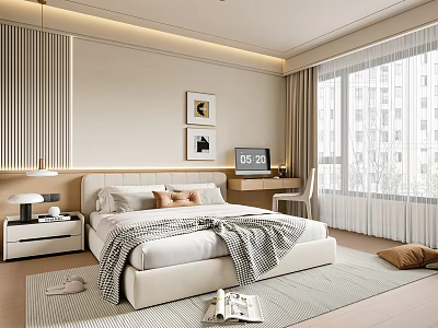 Cozy Modern Bedroom Interior With Bed Nightstand Lamp Window Curtains Wall Art And Soft Rug 3d model