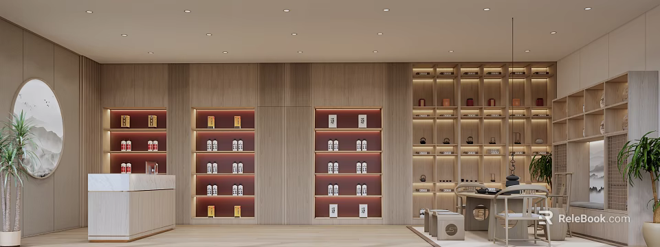 Tobacco and Wine Shop Interior With Wooden Shelves And Wine Product Displays 3d model 