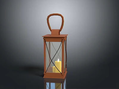 Rustic Lantern Design With Glass Panels Handle And Lit Candle 3d model
