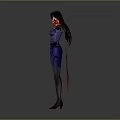 Dark Haired Character With Purple Top Blue Skirt And Red Bioluminescent Arms Against Grey Background