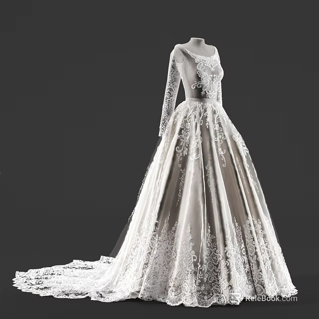 Elegant Wedding Dress with Long Sleeves Delicate Lace and Flowing Train Design 3d model 