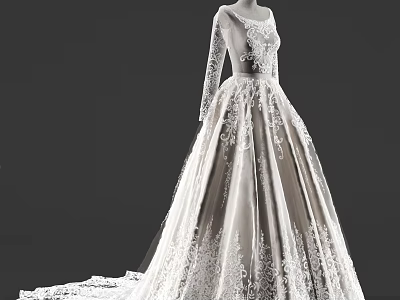 Elegant Wedding Dress with Long Sleeves Delicate Lace and Flowing Train Design 3d model