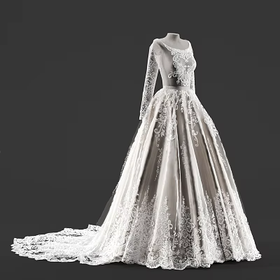 Elegant Wedding Dress with Long Sleeves Delicate Lace and Flowing Train Design 3d model