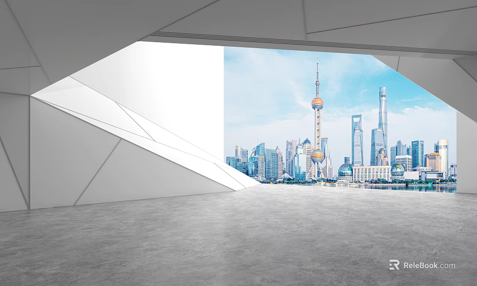Modern Architectural Interior View With Geometric Opening And City Skyline Skyscrapers Under Blue Sky 3d model 