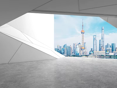 Modern Architectural Interior View With Geometric Opening And City Skyline Skyscrapers Under Blue Sky 3d model