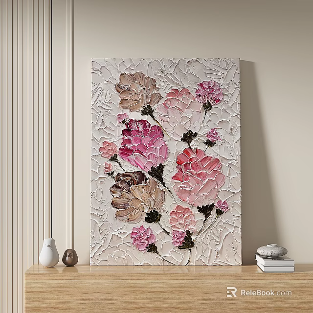 Textured Oil Painting With Pink And Brown Flowers On Beige Background For Wall Decor 3d model 