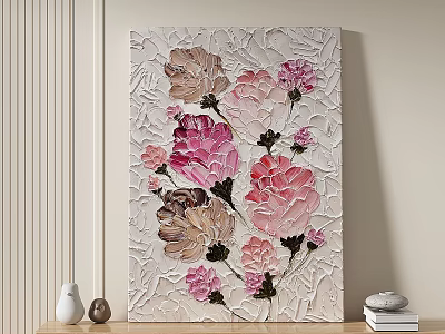 Textured Oil Painting With Pink And Brown Flowers On Beige Background For Wall Decor 3d model