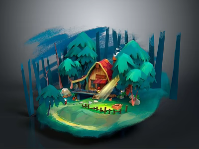 Scenic Forest Landscape with Cozy Cabin Tall Trees Wooden Fence and Glowing Path 3d model