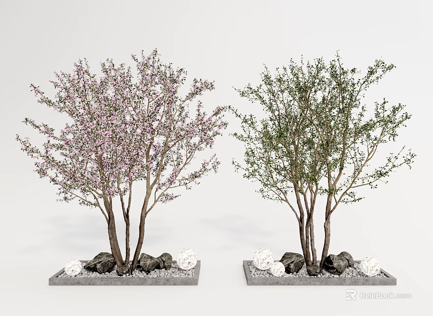 Ornamental Trees with Pink Flowers Green Leaves Stones and White Decorations on Gray Bases 3d model 