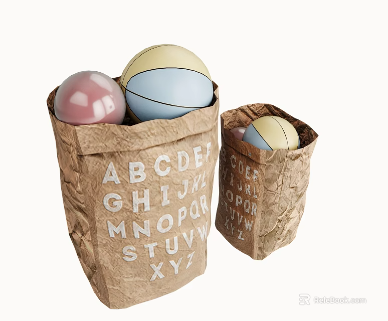 Two Brown Storage Baskets With Letter Print And Colorful Balls 3d model