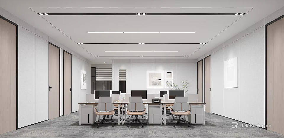 Modern Open Public Office Space With Multiple Workstations Computers Office Chairs And Ceiling Lights 3d model