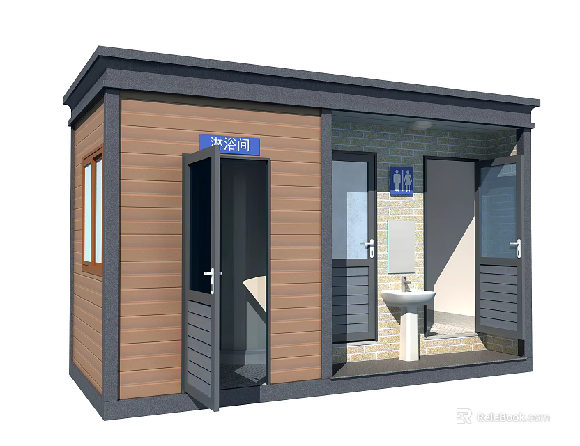 Portable Male Restroom Facility With Brown Gray Structure Door Window And Sink 3d model 