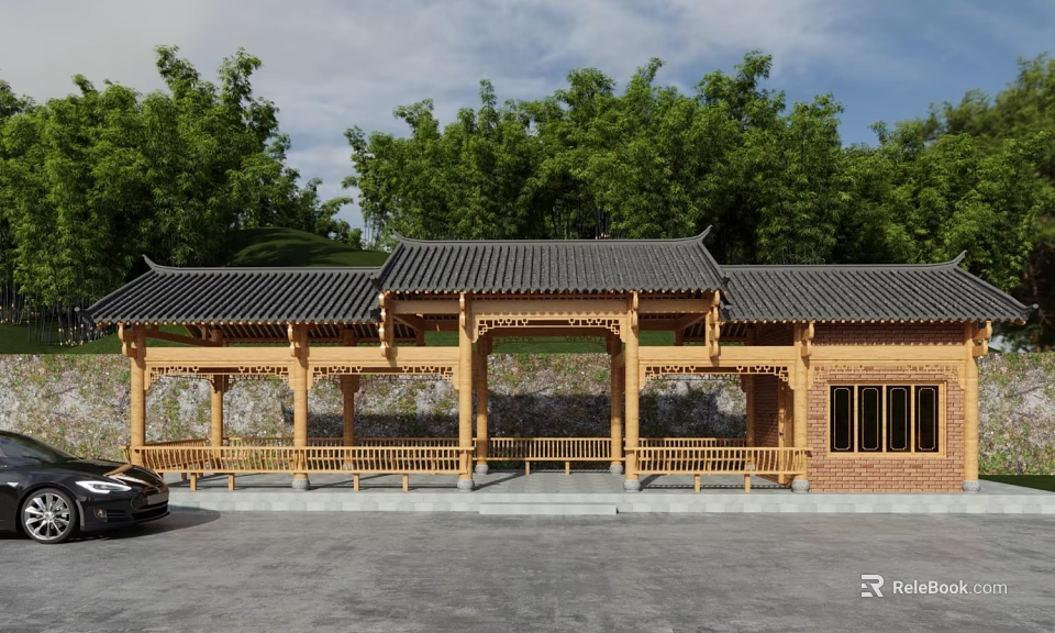 Traditional Chinese Style Pergola with Wooden Structure Black Tiled Roof Green Trees and Stone Wall 3d model 