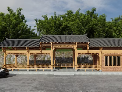 Traditional Chinese Style Pergola with Wooden Structure Black Tiled Roof Green Trees and Stone Wall 3d model