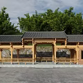 Traditional Chinese Style Pergola with Wooden Structure Black Tiled Roof Green Trees and Stone Wall