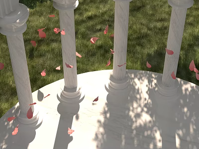 Garden Landscape With White Marble Columns Circular Platform Green Grass And Falling Pink Petals 3d model