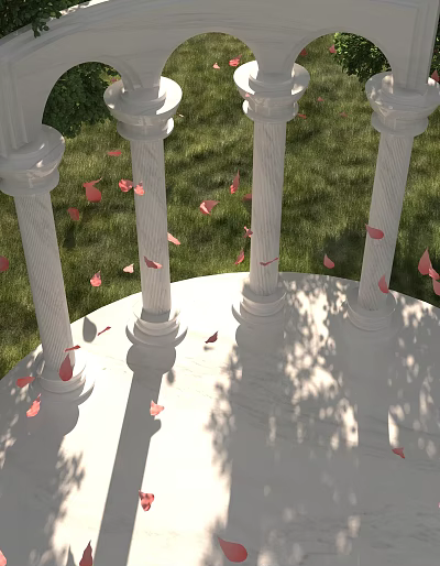 Garden Landscape With White Marble Columns Circular Platform Green Grass And Falling Pink Petals 3d model