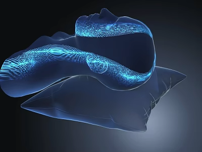 Transparent 3D Glowing Blue Head Organ Visualization With Vascular Structure On Pillow 3d model