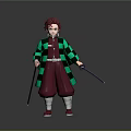 Red Haired Character Standing Wearing Green Black Checkered Coat Red Pants Shoes Holding Two Swords