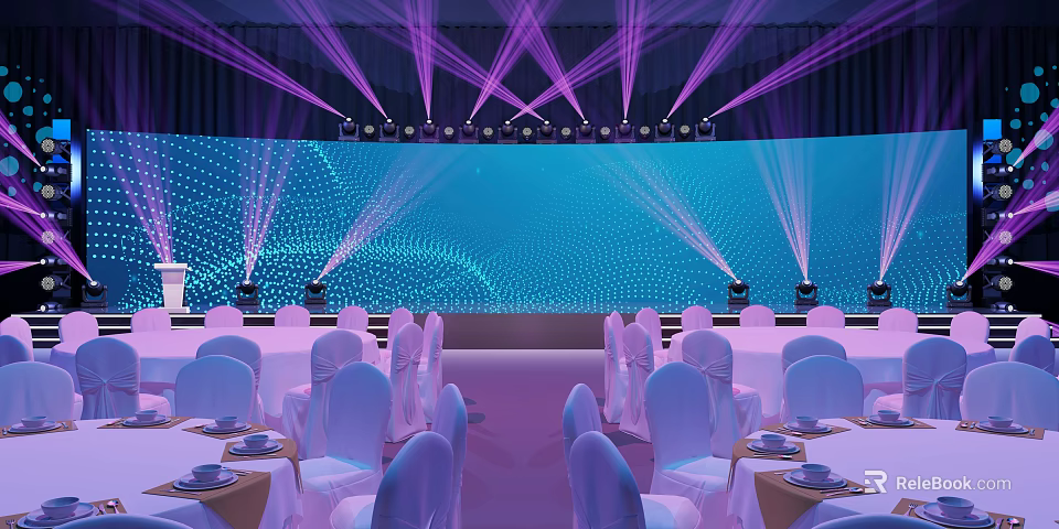 Elegant Banquet Hall With Stage Purple Lights Blue Background And Arranged Tables Chairs 3d model 